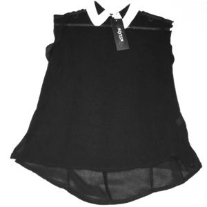 NWT. ALYSSA sheer black blouse w/white collar *S